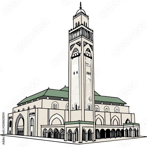 Vector Illustration of Hassan II Mosque in Casablanca, Morocco, Isolated. Perfect for: Ramadan, Eid, Morocco tourism
