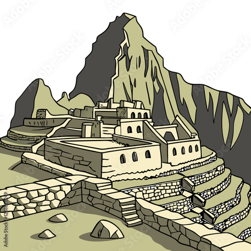 Vector Illustration of Machu Picchu Ruins in Peru, Isolated. Perfect for: Peru, Cultural Heritage, Ancient Civilizations, World Wonders