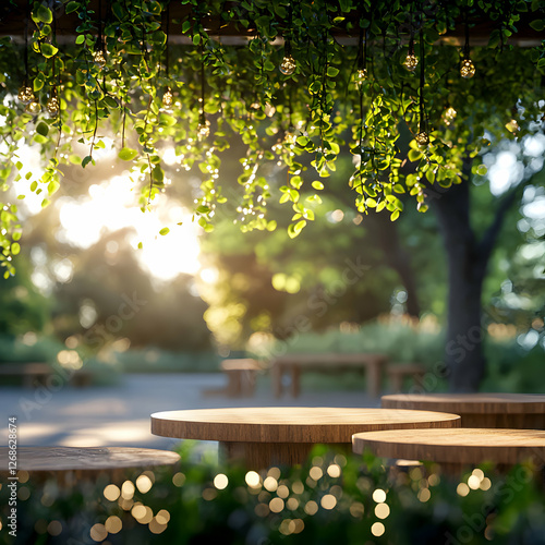 Warm Sunset Light on Wooden Tables in a Lush Green Garden
