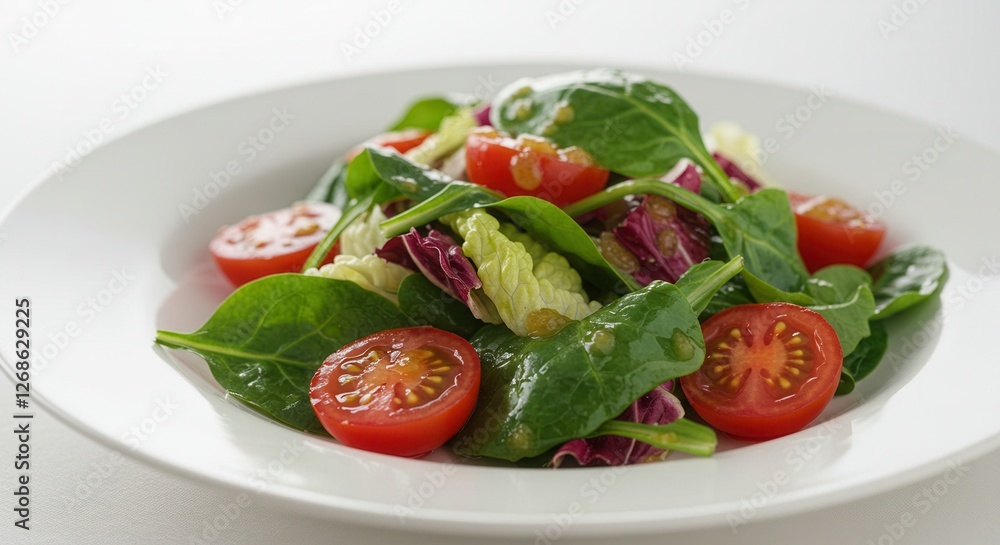 Fresh Salad with Spinach, Tomatoes, and Mixed Greens on White Plate Fresh Salad with Spinach, Tomatoes, and Mixed Greens on White Plate