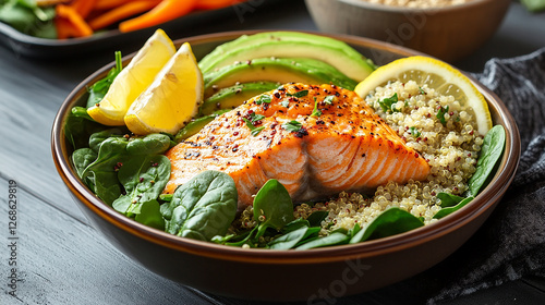 A protein-packed salad bowl with grilled salmon quinoa