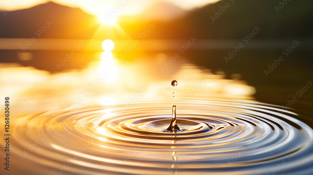 Water Droplet Falling into Calm Lake at Sunset Water Droplet Falling into Calm Lake at Sunset