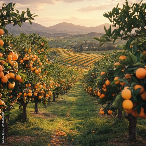 A Serene Sunset Over a Lush Orange Grove in Rolling Hills, Abundant Harvest, Golden Hour, Picturesque Landscape