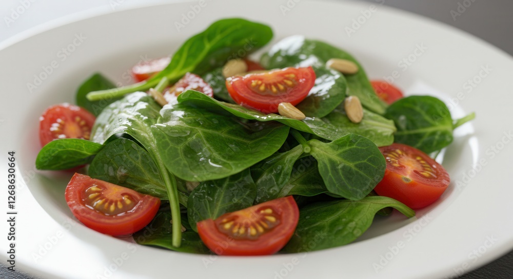 Fresh Salad with Spinach, Tomatoes, and Pine Nuts in a White Bowl Fresh Salad with Spinach, Tomatoes, and Pine Nuts in a White Bowl