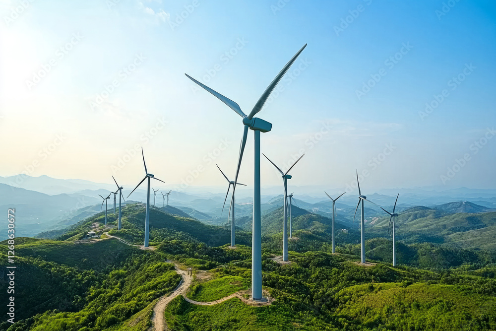 Wind Turbines on Rolling Green Hills Under a Clear Blue Sky Wind Turbines on Rolling Green Hills Under a Clear Blue Sky
