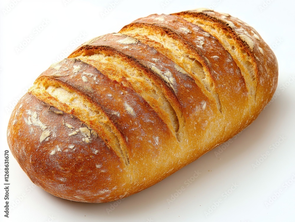 Freshly Baked Artisan Bread Loaf with Crispy Crust and Soft Interior on White Background Freshly Baked Artisan Bread Loaf with Crispy Crust and Soft Interior on White Background