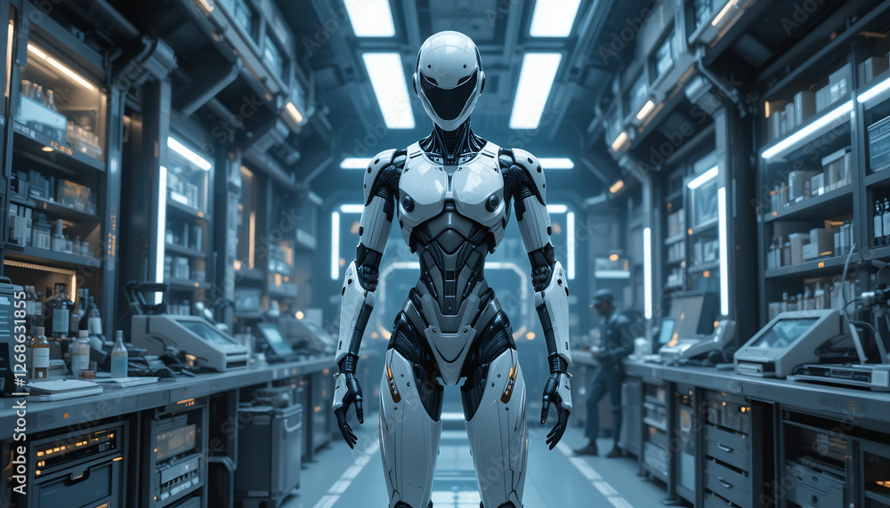 A Futuristic Robot Standing in a High-Tech Laboratory A Futuristic Robot Standing in a High-Tech Laboratory