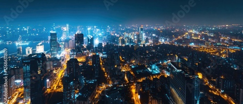 Smart city digital transformation development concept. Band lights over modern urban cityscape at night. New fast internet communication 5G technology. Fiber Optics photo