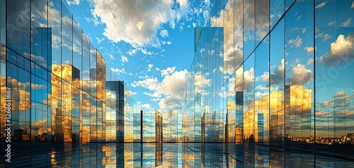 Wallpaper Mural A cityscape featuring a modern skyscraper with reflective glass walls, mirroring the vibrant blue sky and clouds. Torontodigital.ca