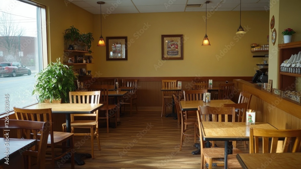 Bright and cozy cafe featuring wood-toned tables, chairs, and earthy hues, offering a warm and welcoming atmosphere. Bright and cozy cafe featuring wood-toned tables, chairs, and earthy hues, offering a warm and welcoming atmosphere.