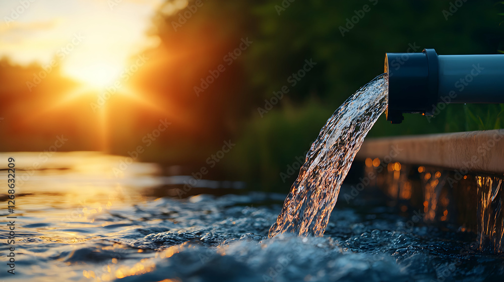 Fototapeta premium Water Flowing from Pipe into River at Sunset