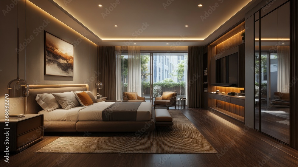 Chic modern bedroom with a king-size bed, a well-lit dressing room, and a wide window creating a peaceful ambiance. Chic modern bedroom with a king-size bed, a well-lit dressing room, and a wide window creating a peaceful ambiance.