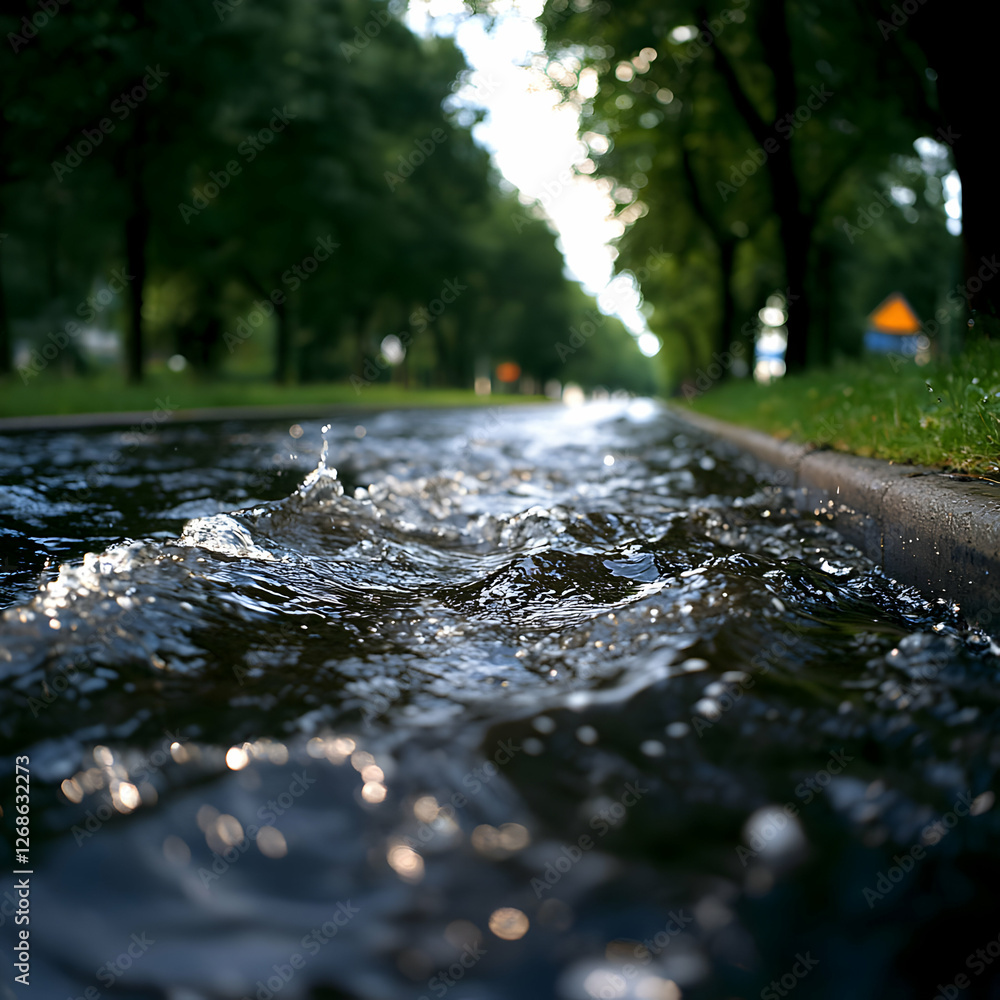 Fototapeta premium Water Flowing in Urban Gutter