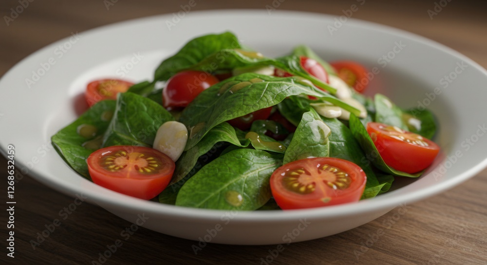 Fresh Spinach Salad with Cherry Tomatoes and Mozzarella in White Bowl Fresh Spinach Salad with Cherry Tomatoes and Mozzarella in White Bowl