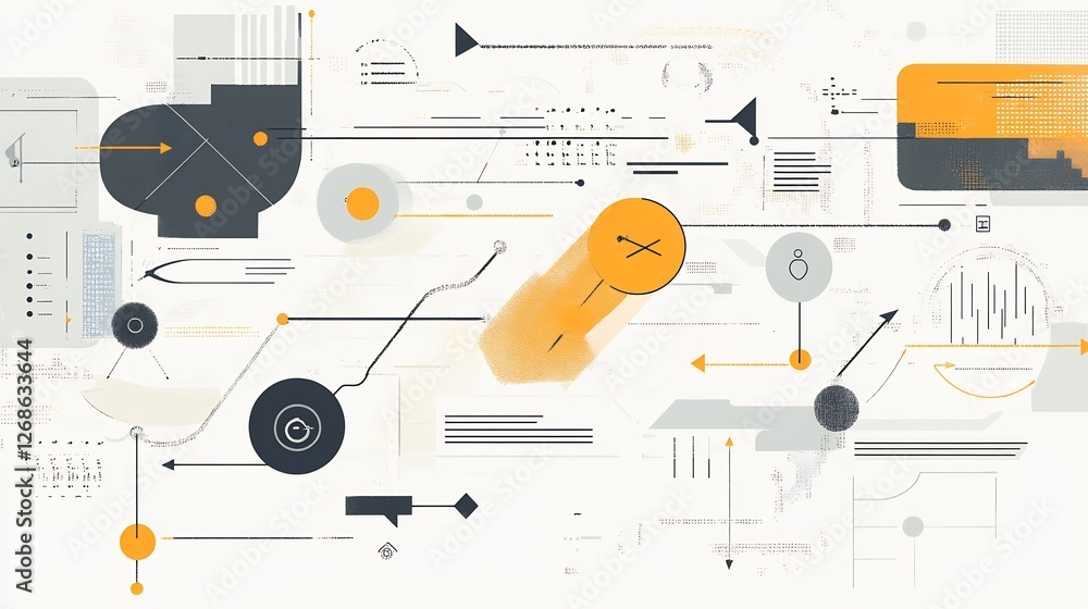 Abstract cocept art on the evolution of customer engagement strategies with symbolic arrows circles and digital interfaces Abstract cocept art on the evolution of customer engagement strategies with symbolic arrows circles and digital interfaces