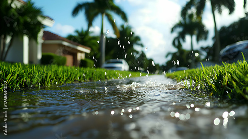 Water Splashing in Suburban Street Drain During Daylight