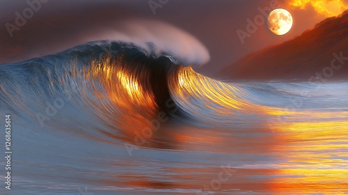 Majestic Ocean Wave Sunset Moonlit Scene