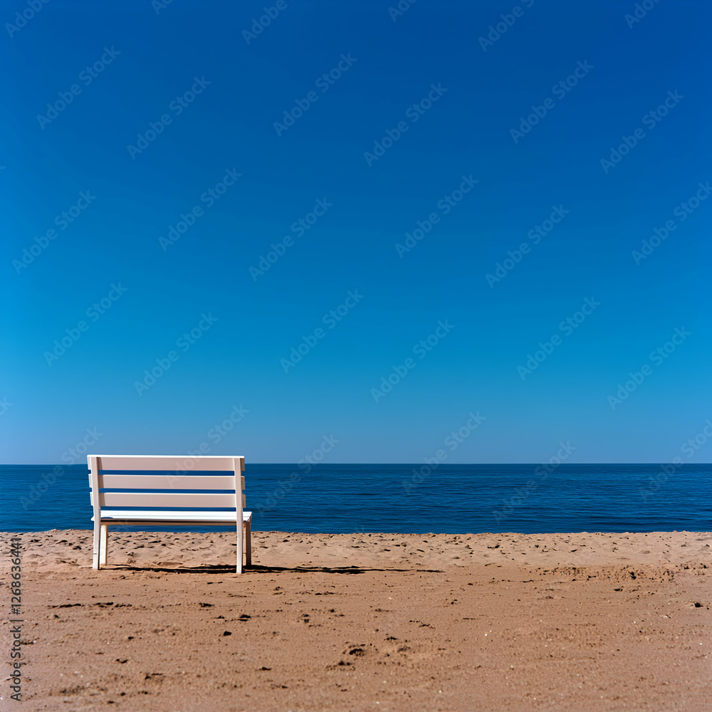 White Bench on Sandy Beach Under Blue Sky White Bench on Sandy Beach Under Blue Sky