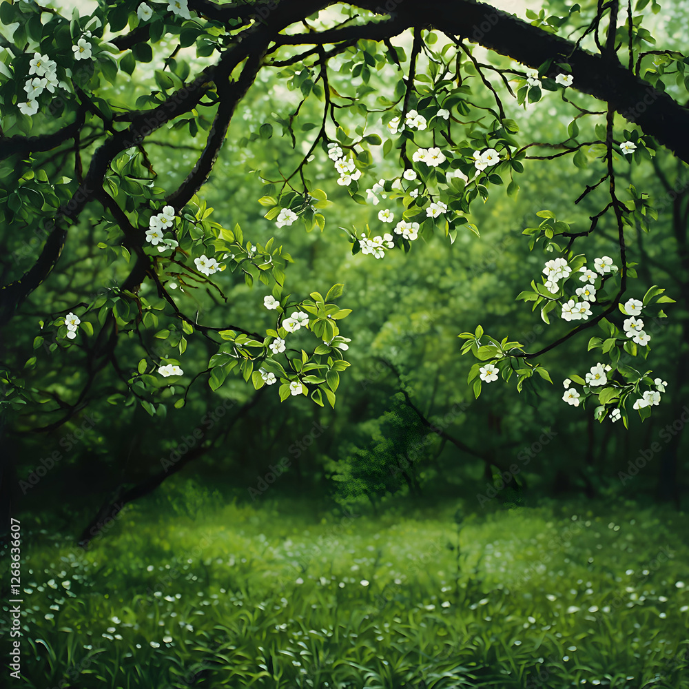 Fototapeta premium White Blossoms and Lush Green Forest