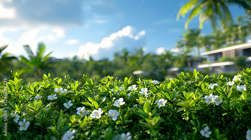 White Flowers and Lush Greenery in a Tropical Setting White Flowers and Lush Greenery in a Tropical Setting