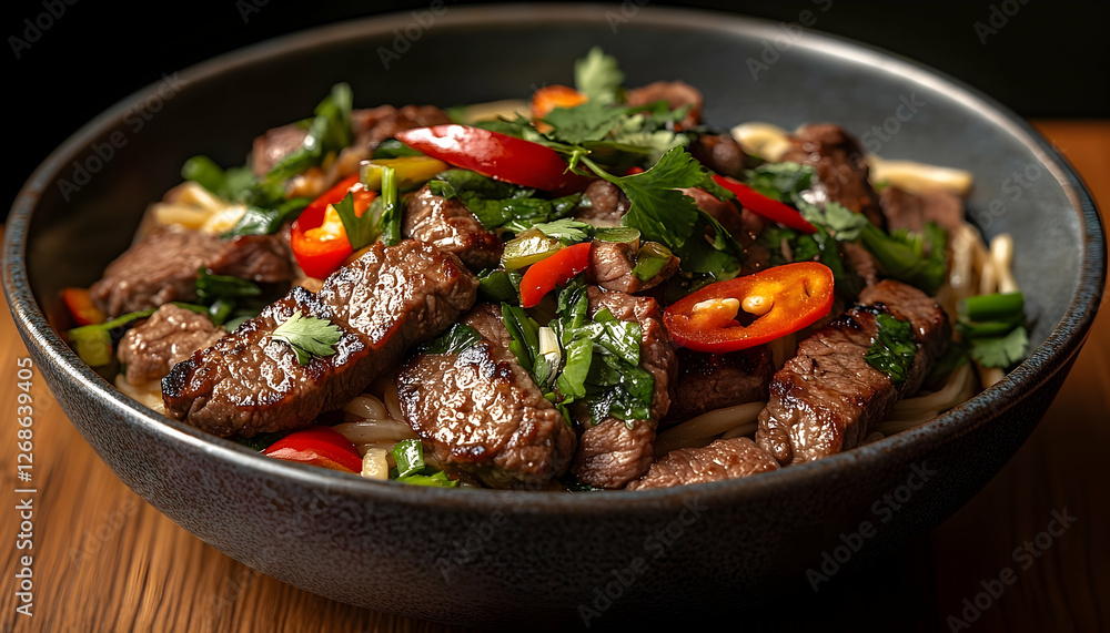 Beef noodles, chili, cilantro, wood table, Asian cuisine, recipe Beef noodles, chili, cilantro, wood table, Asian cuisine, recipe