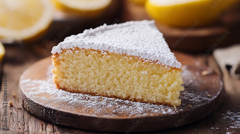 A slice of lemon cake dusted with powdered sugar, on a wooden board. A slice of lemon cake dusted with powdered sugar, on a wooden board.