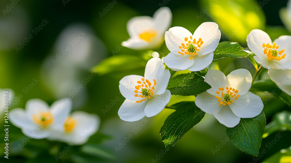 Obraz premium White Flowers with Dew Drops in Green Garden