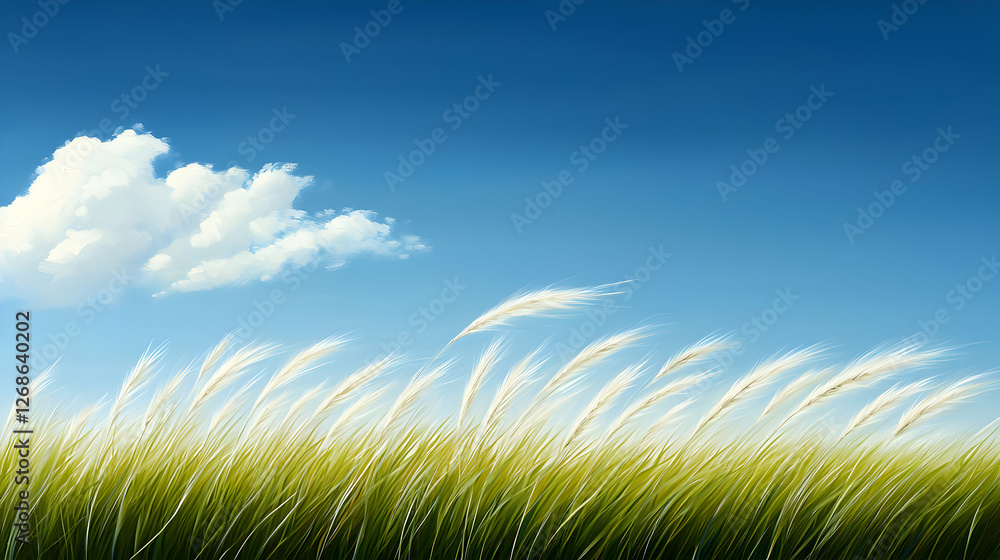 White Grass Field Under Blue Sky with Fluffy Clouds White Grass Field Under Blue Sky with Fluffy Clouds