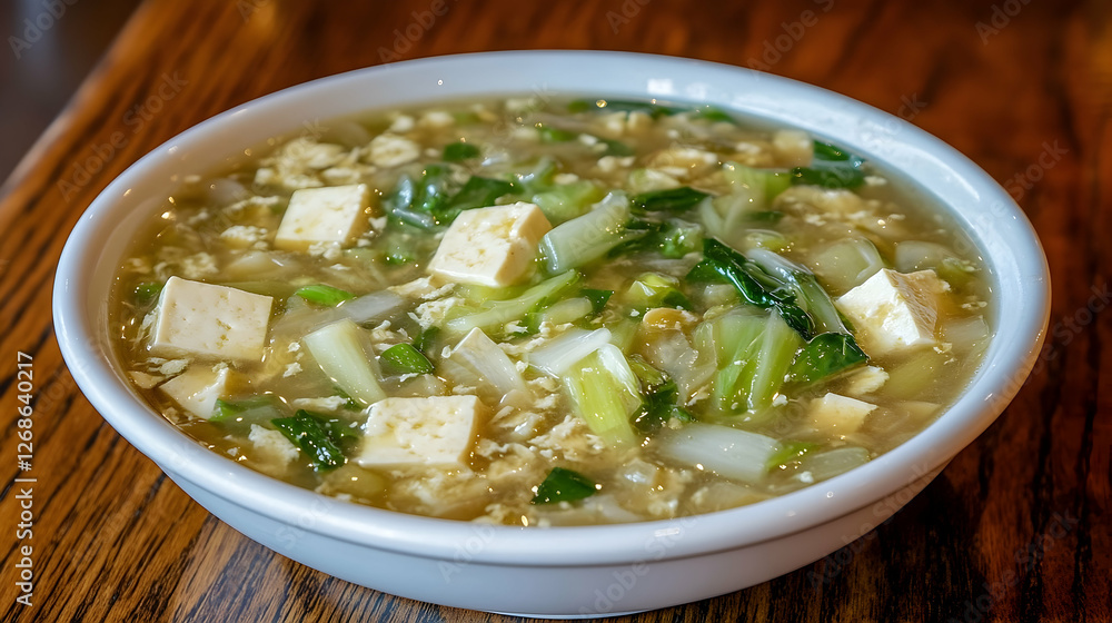 Tofu soup, egg, vegetables, wooden table, restaurant Tofu soup, egg, vegetables, wooden table, restaurant