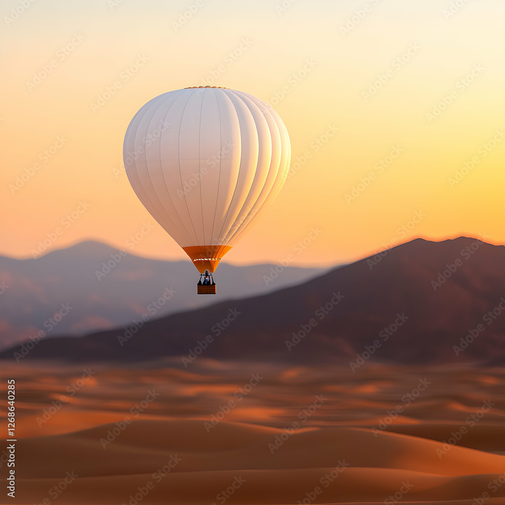 Fototapeta premium White Hot Air Balloon Over Orange Desert at Sunset