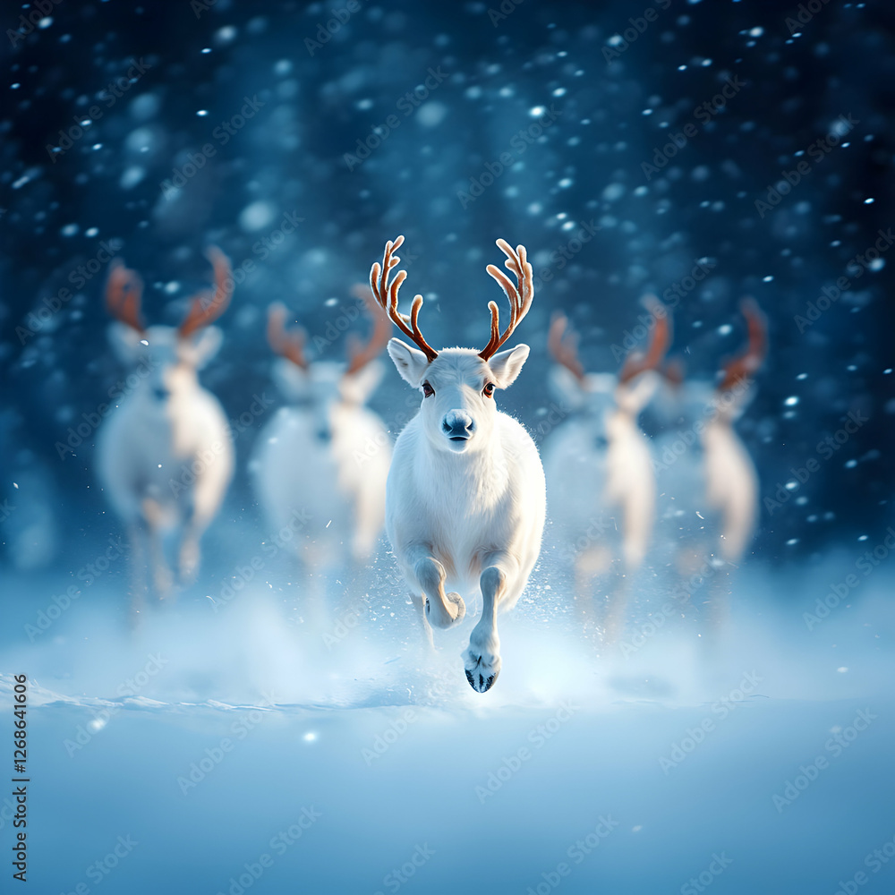 White Reindeer Running Through Snowy Forest at Night White Reindeer Running Through Snowy Forest at Night