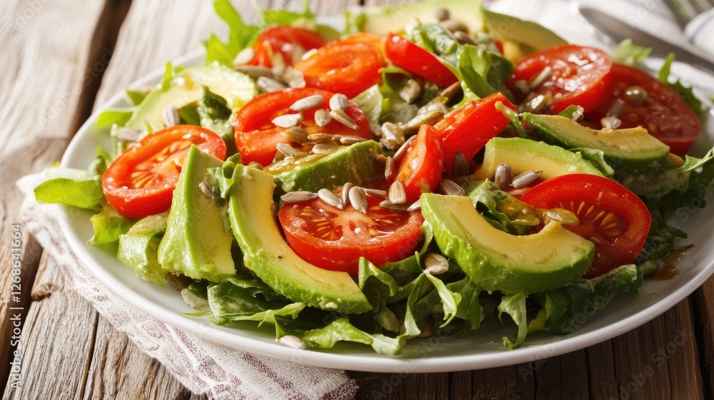 A fresh vegetable salad topped with avocado and sunflower seeds, placed elegantly on a restaurant-style white plate A fresh vegetable salad topped with avocado and sunflower seeds, placed elegantly on a restaurant-style white plate