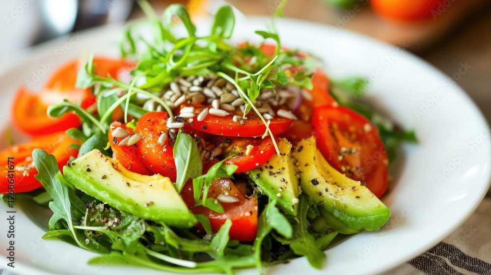 A fresh vegetable salad topped with avocado and sunflower seeds, placed elegantly on a restaurant-style white plate A fresh vegetable salad topped with avocado and sunflower seeds, placed elegantly on a restaurant-style white plate