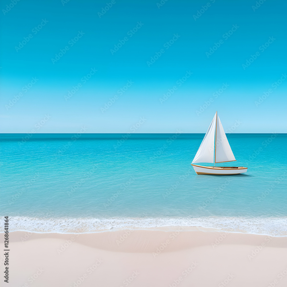 Obraz premium White Sailboat on a Tranquil Turquoise Ocean Beach