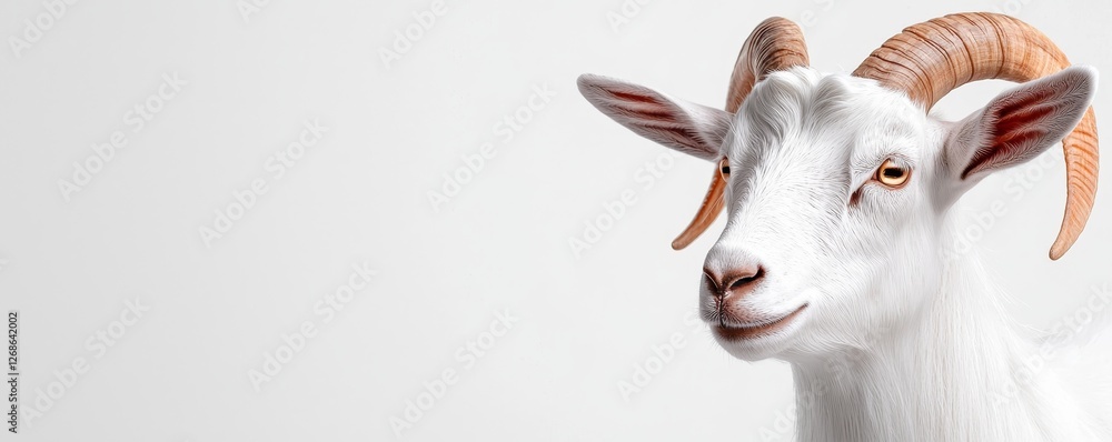 Fototapeta premium A close-up of a white goat with distinctive curved horns, displaying a calm expression against a neutral background.