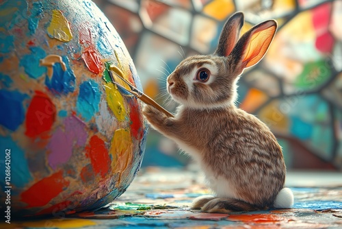 Whimsical Rabbit Decorates Colorful Egg in an Abstract Artistic Environment. Generative AI photo