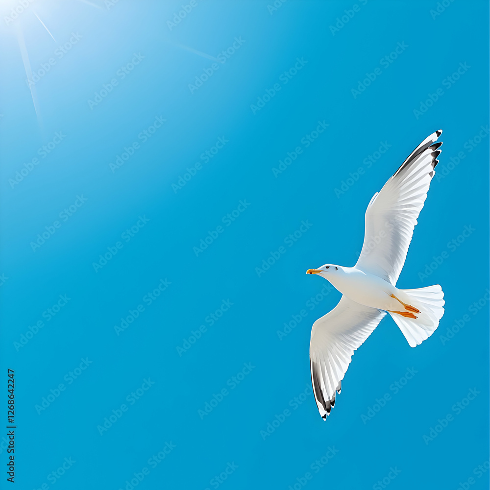 Fototapeta premium White Seagull in Flight Against a Vivid Blue Sky