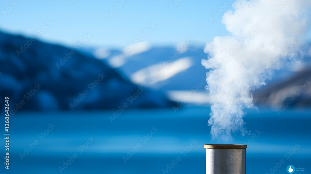White Smoke Rising From Chimney Against Blue Mountain Lake
