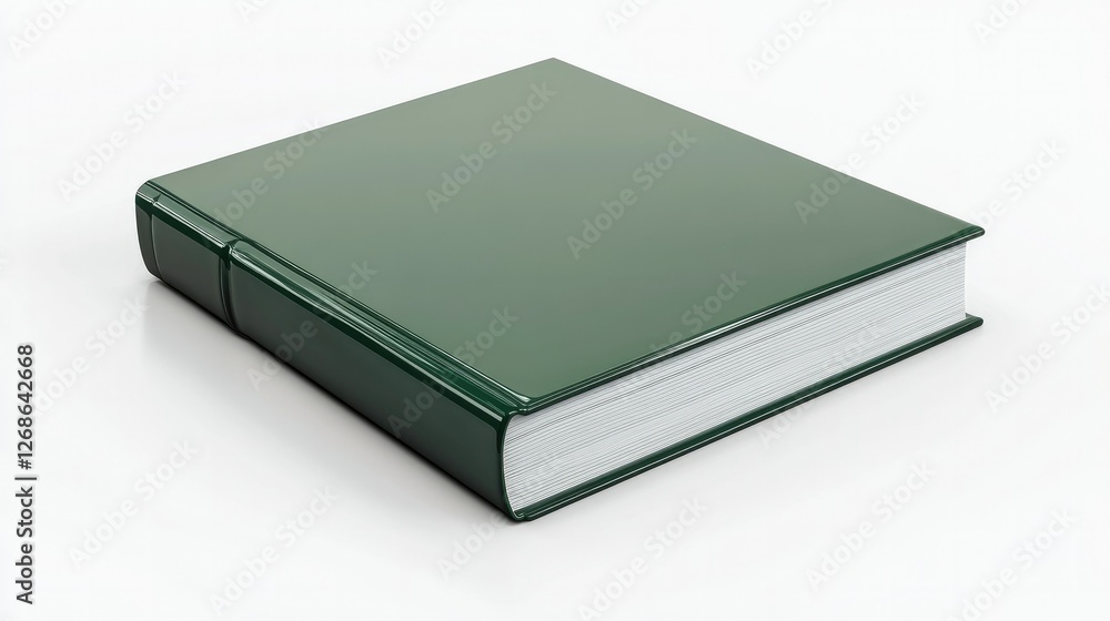 A hardcover book with a glossy metallic green finish, sharp edges, and a minimalist design, placed on a pristine white background A hardcover book with a glossy metallic green finish, sharp edges, and a minimalist design, placed on a pristine white background