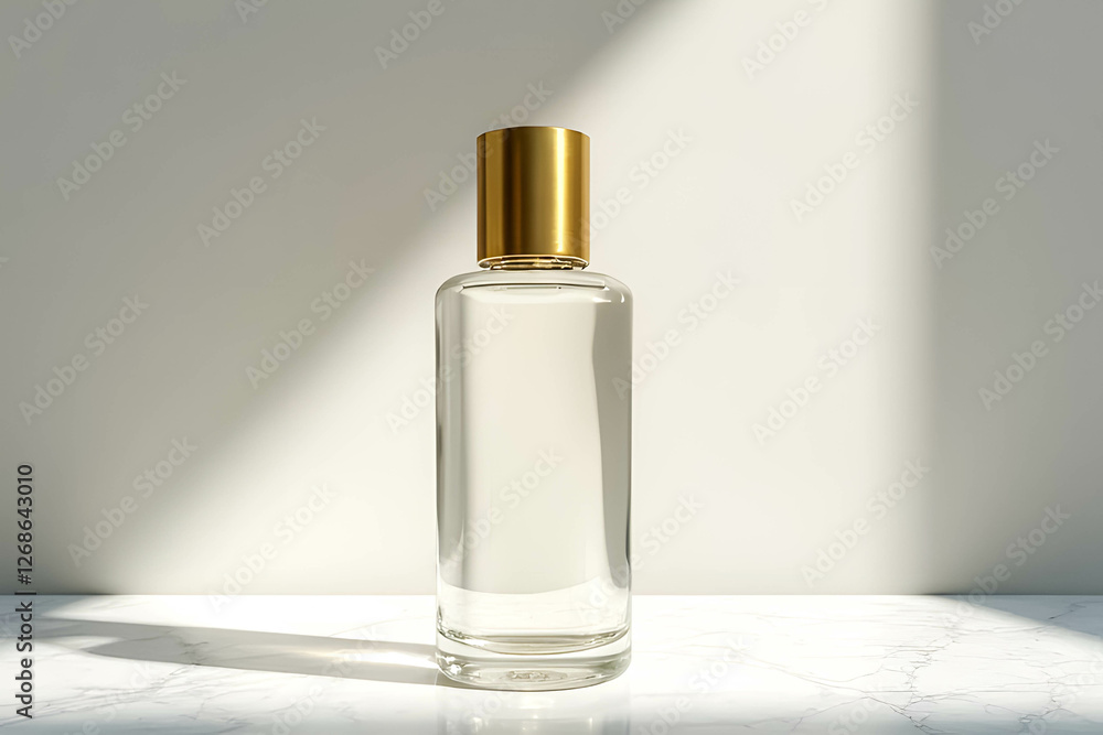 Naklejka premium Elegant Clear Glass Bottle with Gold Cap and Natural Light Effect