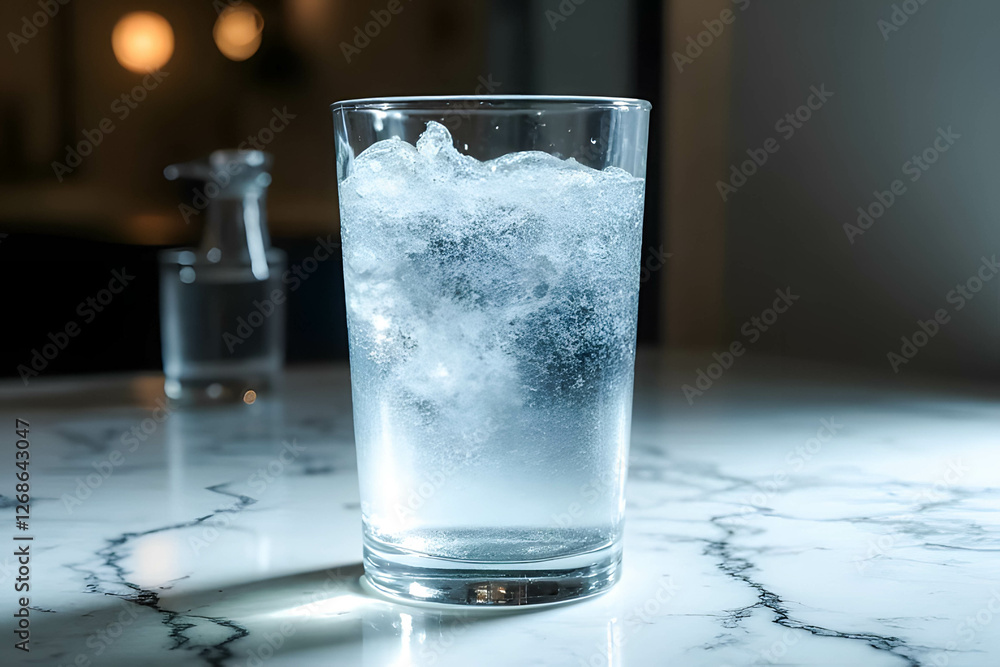 Refreshing Glass of Sparkling Water with Ice Cubes on Marble Surface Refreshing Glass of Sparkling Water with Ice Cubes on Marble Surface