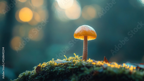 A vibrant orange mushroom stands tall on a mossy forest floor, illuminated by bokeh light, creating an enchanting woodland scene. photo