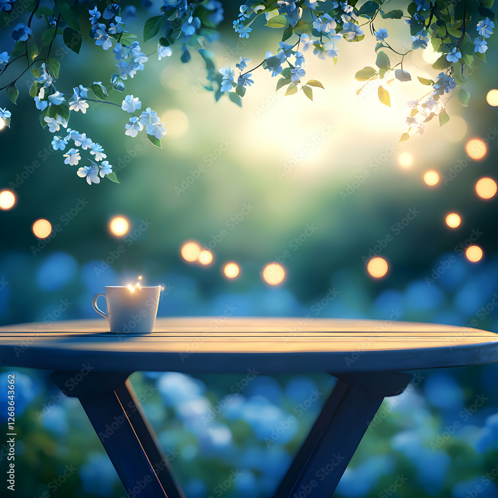 White Tea Cup on Wooden Table in a Blue Flower Garden
