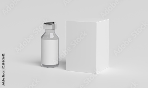 Glass vial and white box mockup, three-quarter view 