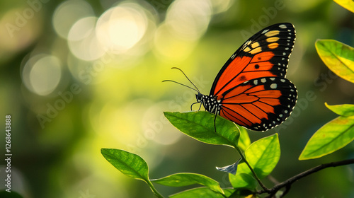 Butterfly perched on a leaf in a bright, natural setting. The image highlights the beauty of the insect's wings and its serene environment. photo