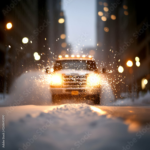 White Truck Driving Through Snowy City Street at Night