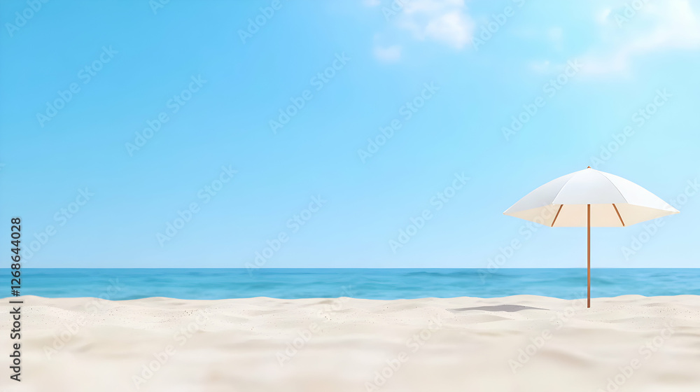 White Umbrella on Sandy Beach Under a Bright Blue Sky White Umbrella on Sandy Beach Under a Bright Blue Sky