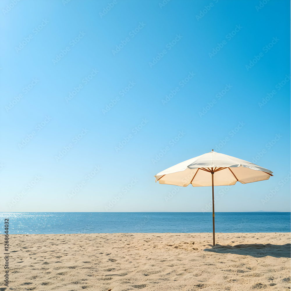 White Umbrella on Sandy Beach Under a Blue Sky White Umbrella on Sandy Beach Under a Blue Sky