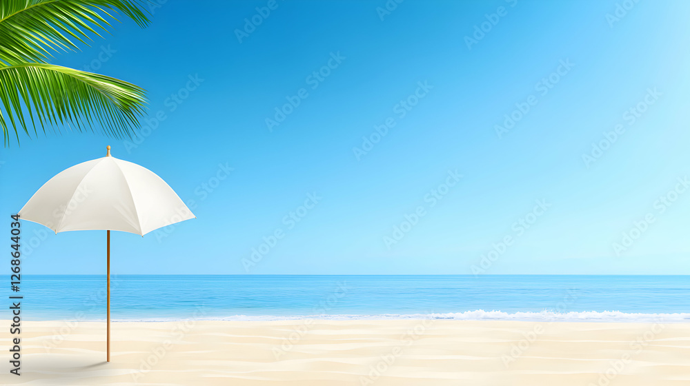 Fototapeta premium White Umbrella on Sandy Beach Under Blue Sky