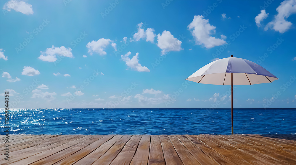 Obraz premium White Umbrella on Wooden Dock Over Blue Ocean Under Sunny Sky
